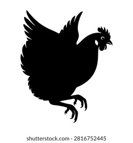 Black silhouette of a rooster showcasing detailed feathers, comb, and wattle, emphasizing its proud stance and distinctive profile.