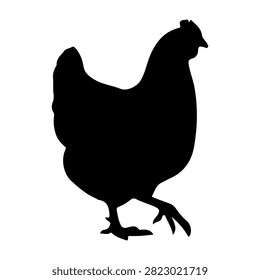 A black silhouette of a rooster, showcasing its distinctive comb and tail feathers, standing upright with a proud posture.