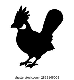 A black silhouette of a rooster showcasing its prominent comb, beak, and tail feathers, emphasizing its proud stance and distinctive profile.