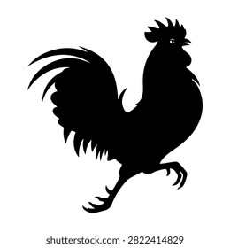 A black silhouette of a rooster showcasing its prominent comb, wattle, and flowing tail feathers, emphasizing its proud stance and distinctive profile.