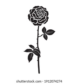 Black silhouette of rose flower with leaves and stem isolated on white background. Decorative element for tattoo, stencil, greeting card, wedding invitation. Vector illustration. 