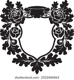 Black silhouette of Rose flower ornament with shield emblem and crown isolated white background