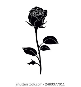 Black silhouette of rose flower with stem and leaves. Hand drawn vector illustration isolated on white background, flat cartoon style.