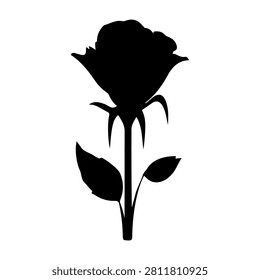 A black silhouette of a rose flower with stem and leaves, emphasizing natural beauty and floral elegance in a simple design.