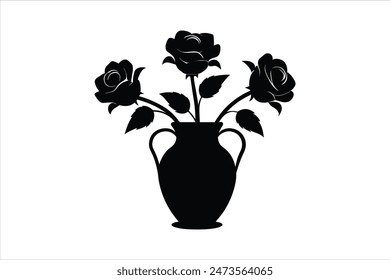 A black silhouette of rose flowers in a vase, captured in a stunning vector art illustration. This elegant design showcases the timeless beauty and simplicity of roses in a striking and artistic form.