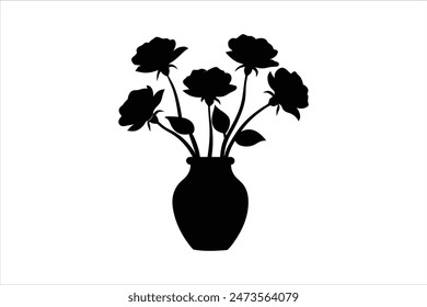 A black silhouette of rose flowers in a vase, captured in a stunning vector art illustration. This elegant design showcases the timeless beauty and simplicity of roses in a striking and artistic form.