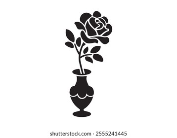 A black silhouette of rose flowers in a vase, captured in a stunning vector art illustration, This elegant design showcases the timeless beauty and simplicity of roses in a striking and artistic form.