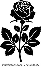 Una silueta negra de una rosa en plena floración con un tallo y múltiples hojas dentadas sobre un fondo blanco.