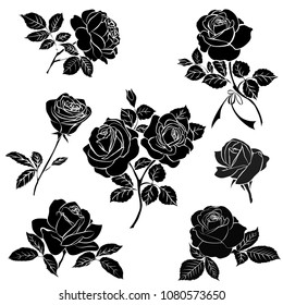 Black silhouette of rose isolated on white background. Vector illustration.