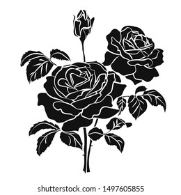 Black silhouette of rose isolated on white background. Vector illustration.