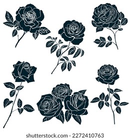 Black silhouette of rose isolated on white background. Vector illustration.