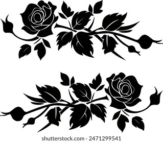 Black silhouette of rose and leaves