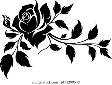Black silhouette of rose and leaves