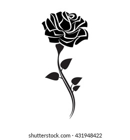 Black silhouette of rose with leaves. Tattoo style rose. Vector illustration