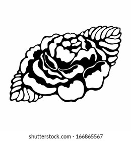 Black silhouette of rose with leaves. Vector illustration.