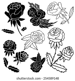 Black silhouette of a rose on a white background. Doodle. Sketch. Set.
