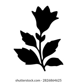 A black silhouette of a rose plant featuring leaves and flower buds, set against a white background, emphasizing natural botanical shapes.