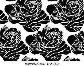 Black silhouette of rose seamless pattern. Vector illustration.