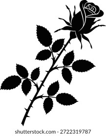 Una silueta negra de un tallo de rosa con múltiples hojas dentadas y espinas afiladas sobre un fondo blanco. La yema de la rosa está parcialmente abierta, revelando pétalos arremolinados.