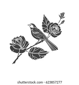 Black silhouette of roses and birds. Tattoo vector illustration.