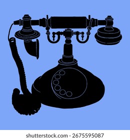 Silueta negra de un teléfono giratorio, Vector, fondo azul