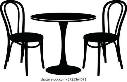 Uma silhueta preta de uma mesa redonda de bistrô com uma única base de pedestal é flanqueada por duas cadeiras correspondentes com costas curvas e assentos.