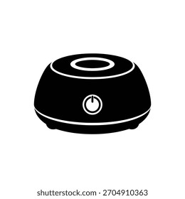 Black silhouette of a round diffuser with a white power button and white accents on a white background.