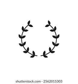 Black silhouette of round frame of two bent branches with leaves in the shape of a circle or wreath. Vector logo and icon on white background.