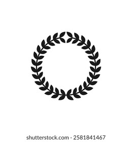 Black silhouette round laurel wreath. Wheat spikelets in a circle shape. Round frame of two bent branches with leaves in the shape of a circle or wreath. Vector logo and icon on white background.