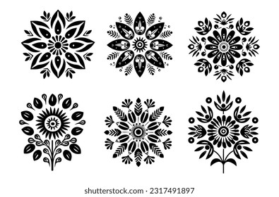 Black silhouette round symmetrical flowers. Scandinavian folk art vector illustration. Floral composition art drawing.