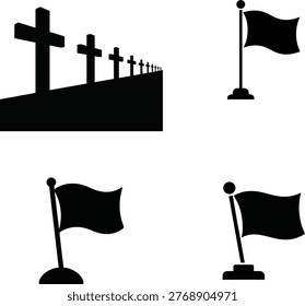Black silhouette of a row of crosses and three flags on white background cemetery graveyard