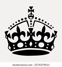 Black silhouette of a royal crown with intricate details and symmetrical design. The crown features ornate patterns and a classic regal shape. Vintage art drawing, isolated vector element.