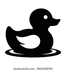 Black silhouette of a rubber duck floating on water with visible ripples. Minimalist icon suitable for bath time, baby shower, aquatic themes, or simple logo design.