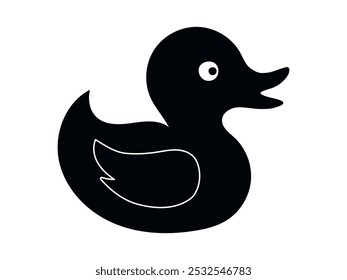 Silhueta preta do pato de borracha isolado no fundo branco. Conceito de brinquedos de banho, ilustração simples, favorito das crianças, estilo minimalista, patinho. Elemento de design