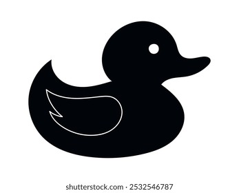 Silhueta preta do pato de borracha isolado no fundo branco. Conceito de brinquedos de banho, ilustração simples, favorito das crianças, estilo minimalista, patinho. Elemento de design