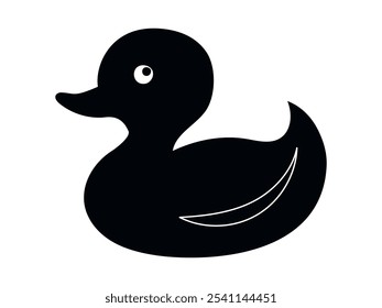 Black silhouette of rubber duck isolated on white background. Concept of bath toys, simple illustration, kids' favorite, minimalist style, duckling. Design element