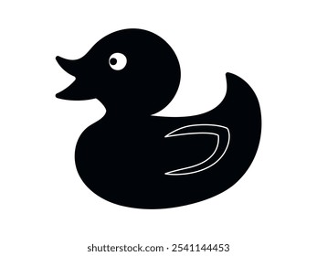 Black silhouette of rubber duck isolated on white background. Concept of bath toys, simple illustration, kids' favorite, minimalist style, duckling. Design element