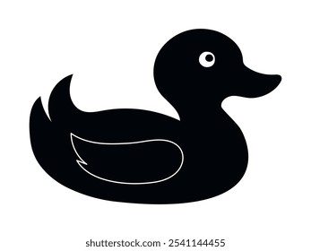 Black silhouette of rubber duck isolated on white background. Concept of bath toys, simple illustration, kids' favorite, minimalist style, duckling. Design element