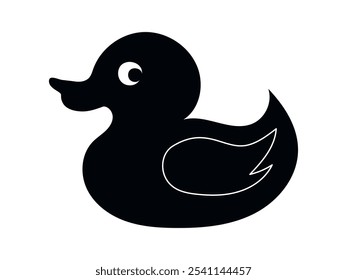 Black silhouette of rubber duck isolated on white background. Concept of bath toys, simple illustration, kids' favorite, minimalist style, duckling. Design element