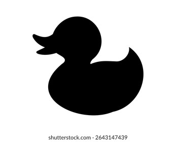 Black silhouette of rubber duck in side view, isolated on white background, graphic illustration. concept of bath toy, cute duckling, minimalistic icon, logo, design element.