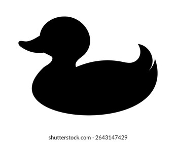 Black silhouette of rubber toy duck, isolated on white background, graphic illustration. concept of bird, waterfowl, icon, logo, design element, nature symbol.