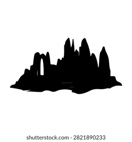 Black silhouette of a rugged mountain landscape featuring distinctive rock formations and natural arches, set against a plain white background.