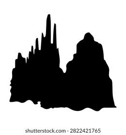 Black silhouette of rugged mountain landscape featuring sharp cliffs and peaks against a plain background.