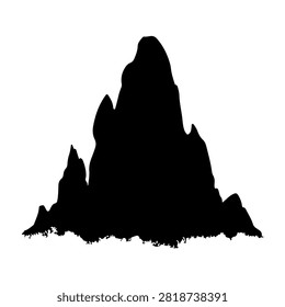 Black silhouette of a rugged mountain peak with sharp, jagged edges against a white background, emphasizing natural geological formations.