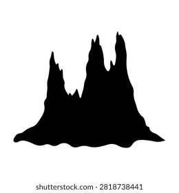 Black silhouette of rugged mountain peaks with sharp, jagged edges against a white background, emphasizing natural geological formations.