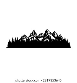 Black silhouette of rugged mountain peaks with a dense forest at the base, emphasizing natural landscape and wilderness scenery.