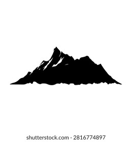 Black silhouette of a rugged mountain range with sharp peaks and deep valleys, isolated on a white background, emphasizing natural geological formations.