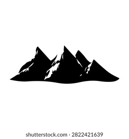 Black silhouette of a rugged mountain range with sharp peaks against a plain background, emphasizing natural landscape and geological formations.