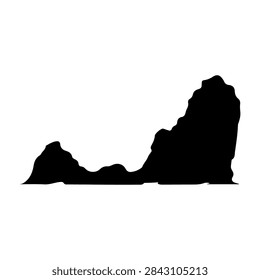 Black silhouette of a rugged mountain range with sharp peaks and deep valleys against a white background, emphasizing natural geological formations.