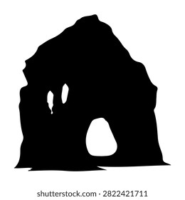 A black silhouette of a rugged mountain rock formation featuring a prominent cave entrance, set against a plain white background.